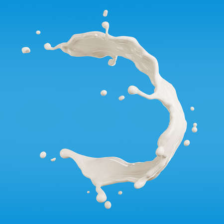 3d render of milk splashed isolated on blue backgroundの写真素材