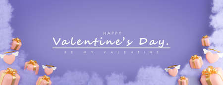 3d render of heart with wings,halo and gift box for valentine's day,purple background.の写真素材