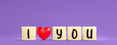 3d render of i love you cube wooden with heart and valentine's concept on purple background.の写真素材