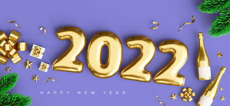 3d render of 2022 happy new year with decorations on purple background.