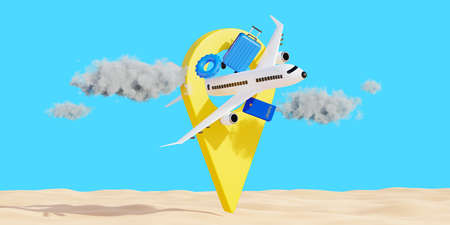 3d render of passenger airplane with location icon and vacation travel concept.の写真素材