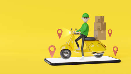 3d render of delivery man with yellow scooter out of smartphone,online delivery service concept.の写真素材