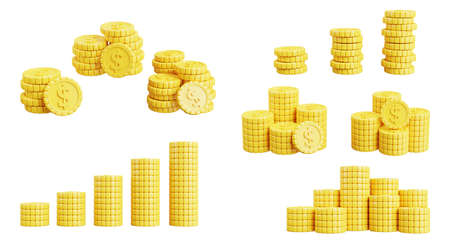 3d render of gold coins stacking collection on white background