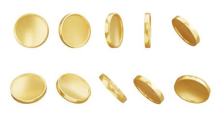 3d render of gold coins collection on white backgroundの写真素材