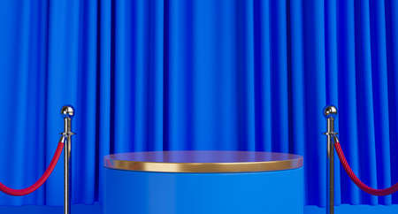 blue podium with Barrier rope,3d rendering.の写真素材