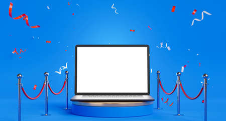 laptop with Barrier rope and shopping online concept,3d rendering.