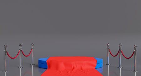 blue podium with red carpet Barrier rope,3d rendering.の写真素材