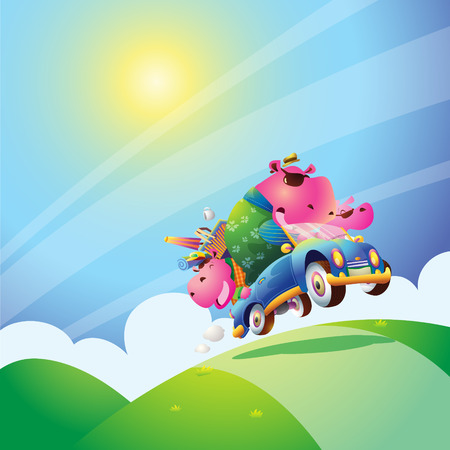 family hippo travel drive a carのイラスト素材
