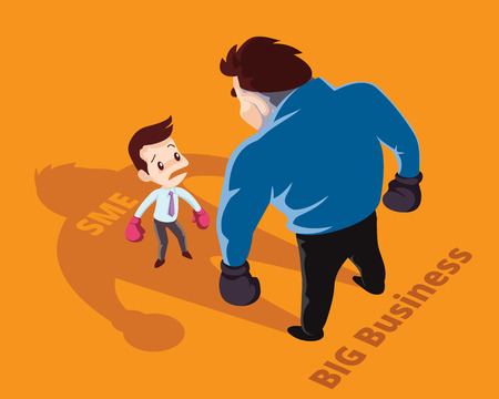 Businessman boxing against a giant businessman between SME and Big business.  Business concept cartoon illustrationのイラスト素材