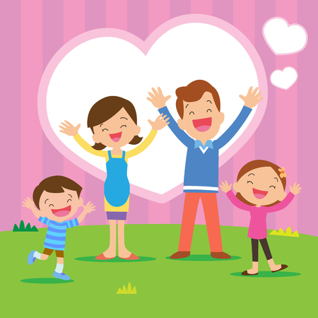 Portrait of four member family posing together smiling happy with Heart background.のイラスト素材