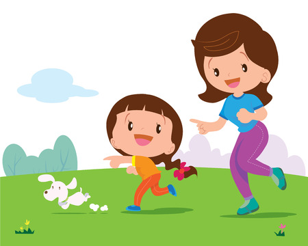 Mother and daughter jogging with cute dog in the parkのイラスト素材
