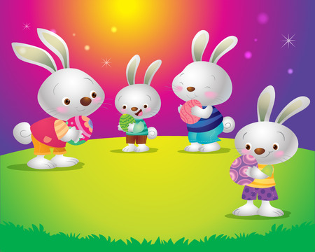 Happy Easter! Easter bunnies and egg in fieldのイラスト素材