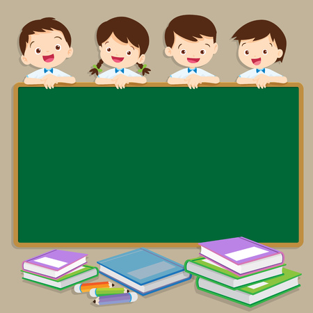Back to school illustration with boy and girl in school uniform.back to school chalkboard background with group of children.Children near the school board for education concept designのイラスト素材