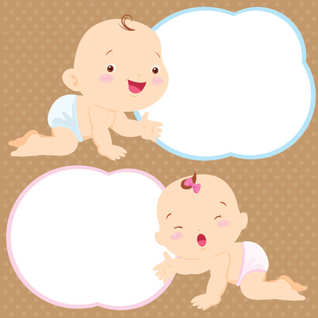 Happy babies with board.Cute Baby Boy and Girl smiling on space frame.のイラスト素材