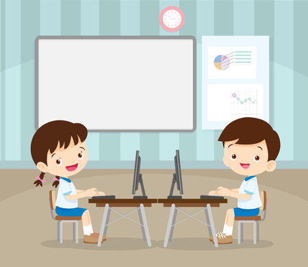 students learning with computer in classroom.のイラスト素材