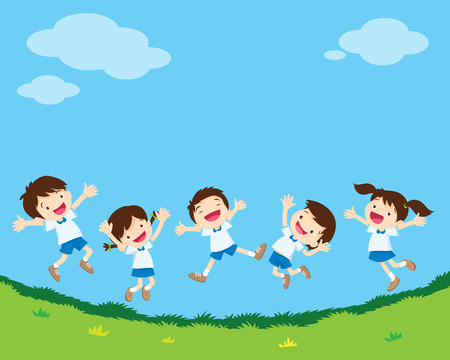 cute student boy and girl jumping be happy various actions on greensward. Little kids smiling and jumping together over grass.のイラスト素材