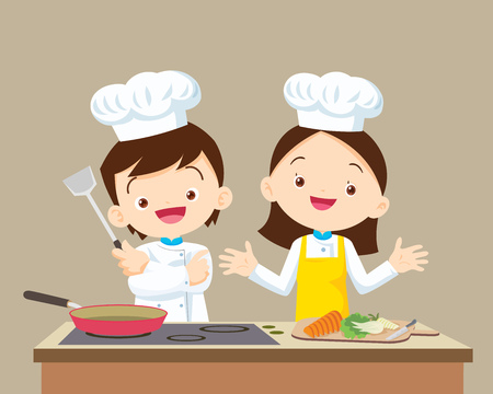 Cute Boy and Girl cooking in the kitchen. little chef presenting.のイラスト素材