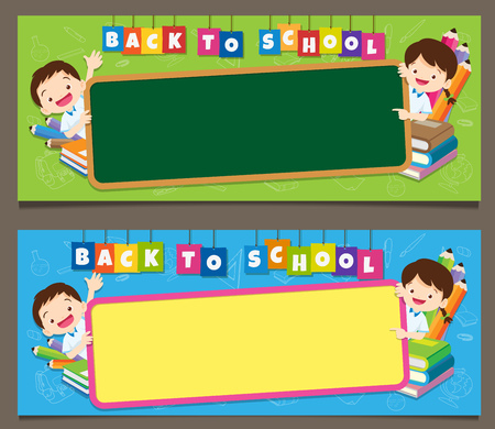 Banner set of school bags boy girl pupil,back to school conceptのイラスト素材