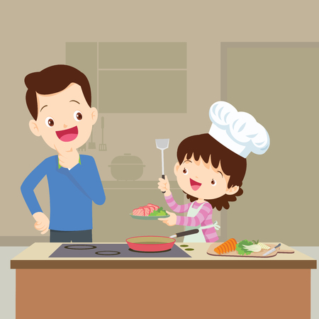happy family with Dad looking daughter cooking in kitchen vector cartoon illustrationのイラスト素材