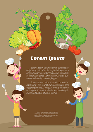 Cute family cooking meal menu, enjoys with vegetables background.のイラスト素材