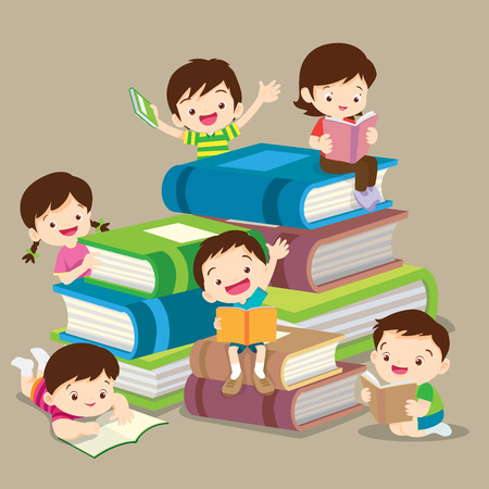 Kids Reading Books And Enjoying Literature Set Of Cute Boys And Girls Loving To Read Sitting And Laying Surrounded With Piles Of Books.のイラスト素材