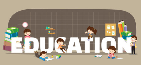 Education concept illustration of Students Boy and Girl Reading and learning various actions with elements around big Letter.のイラスト素材
