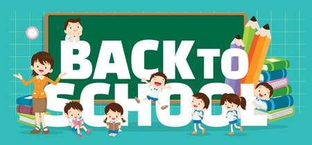 Back to school concept illustration of Teacher, Students Boy and Girl Reading and learning various actions with elements ,Books,chalkboard in classroom around big Letter.のイラスト素材