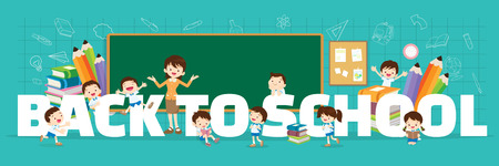 Back to school concept illustration of Teacher, Students Boy and Girl Reading and learning various actions with elements ,Books,chalkboard in classroom around big Letter.のイラスト素材