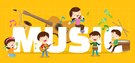 Play music concept of children group.Cartoon dancing kids and kids with musical instruments.cute child musician various actions playing music.around big Letter.のイラスト素材