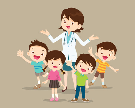 Doctor and kids.Children Clinging on to a Pediatrician.Boy and Girl Be happy Around the smart doctor.のイラスト素材