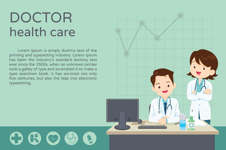Doctor present sitting at the table in hospital, infirmary, clinic. healthcare concept Vector illustration.のイラスト素材