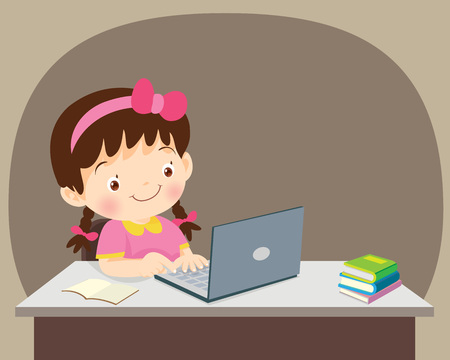 student with laptop,Illustration of Kid studying with the use of Laptop, notebook,girl using laptopのイラスト素材