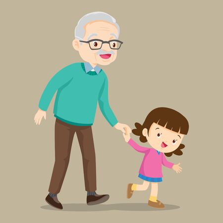 granddaughter walking with his grandmother,Grandparents and grandchildren.hand in hand.Happy grandparents with their grandchildren taking a walkのイラスト素材
