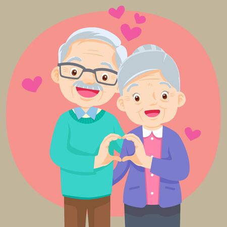 Elderly couple holding hands  make shape of heart.Grandmother and grandfather together. Grandparents. Elderly couple. A man and a woman of old age. hand heart shape