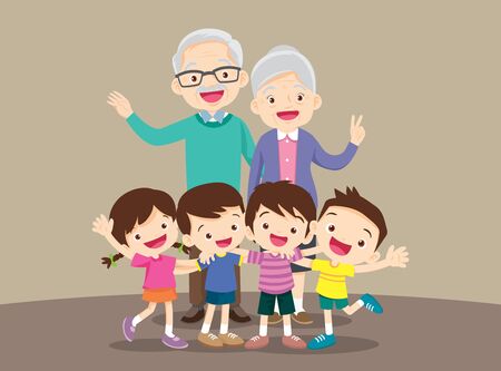 grandparents and grandchildren. Group of people standing. Little boy, teenager girl, happy grandparents with kids hand upの販売画像