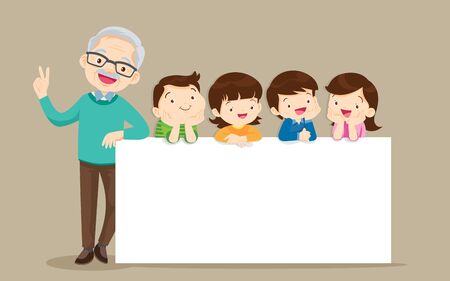 grandparents and childrens with banner for Copy Space.Smiling Grandfather  standing with kids together a white boardのイラスト素材