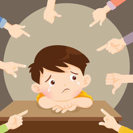  sad children wants to embrace.Sad boy crying surrounded by pointing hands mocking bully himのイラスト素材