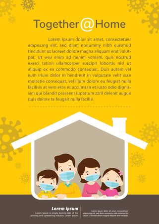 family wearing protective Medical mask for prevent virus Covid-19 together at home.Dad Mom Daughter Son wearing a surgical mask in house icon.のイラスト素材