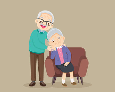 Sad elderly woman Bored, Sad Senior woman sitting and Senior man comforting upset her,Grandfather consoling Grandmother.のイラスト素材