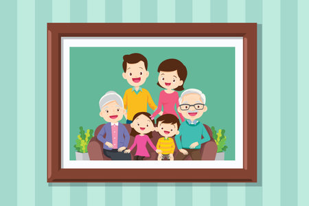 Family photo on wall in wooden frame.Collection of photos of family members in frames. framed wall pictures or photographs with smiling people.Grandmother and grandfather in photo frame with parentのイラスト素材