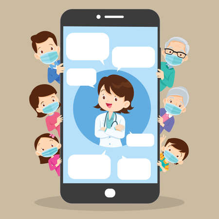 Mobile App Family Doctor. Family Using Mobile Application, Control Health Indicators, Consult Online Doctor, Sign up Appointment Therapist. Healthcare servicesのイラスト素材