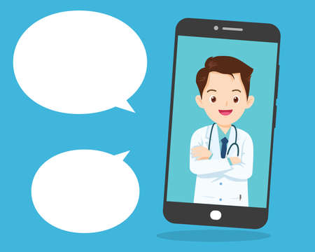 Modern medicine and healthcare system support.Smartphone with male doctor on call holding meds.Online medical consultation conceptのイラスト素材