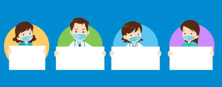 Set of doctor wear medical mask and holding blank paper. Coronavirus quarantine conceptのイラスト素材