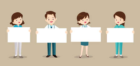 Set of doctor and nurse holding blank paper. Coronavirus quarantine concept.Smiling nurse or doctor wearing medical uniforms holding empty posters.のイラスト素材