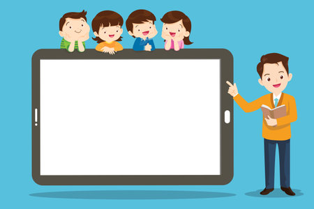 group of kids watching online teacher class on tablet computer. Internet education at home program conceptのイラスト素材