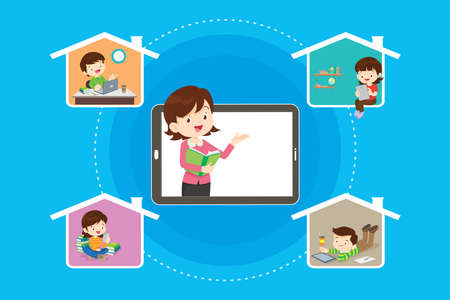 online learning kids.Online teacher on computer monitor. Kids studying at home via internet.のイラスト素材