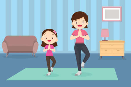 Woman doing yoga with daughter in home.Beautiful young woman and her charming little daughter are smiling while doing yoga together at homeのイラスト素材