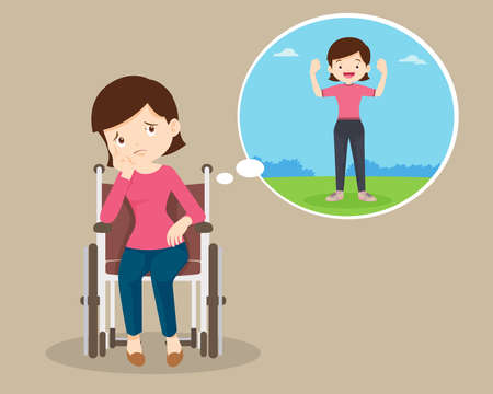 sad Woman in wheelchair thinking about healthy timesのイラスト素材