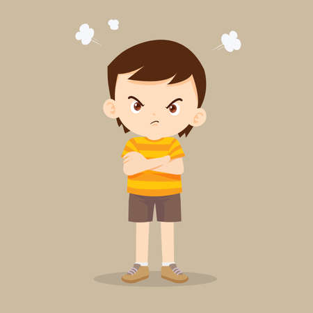 angry boy actions.Angry child standing in a pose, arms crossed, with a disgruntled look on him face.bullying children.のイラスト素材