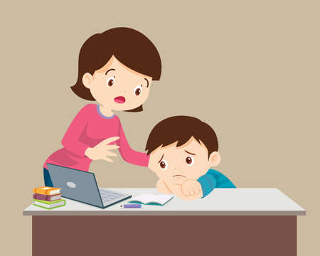Mother Comforting son.famly and child boy  bored of studying in front of the laptopのイラスト素材
